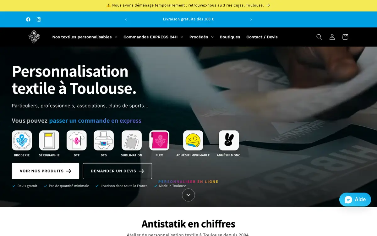 Le site de Antistatik – Marquage textile à Toulouse : broderie, flocage, sérigraphie et DTF/DTG, production locale depuis 20 ans.