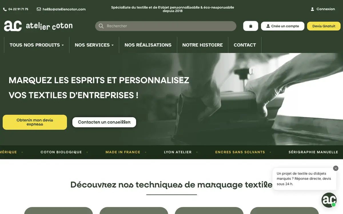 Le site de Atelier Coton - Marquage Textiles et Objets personnalisés