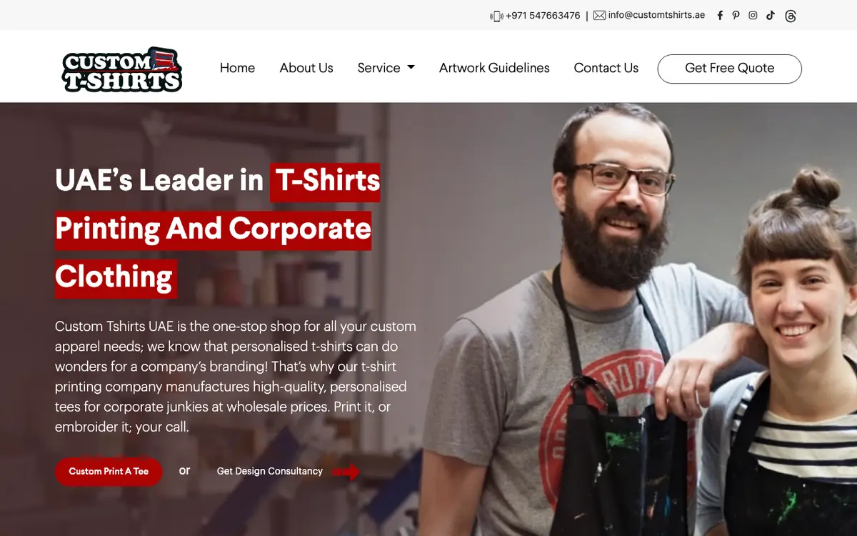 Hjemmesiden for Custom T-Shirts UAE