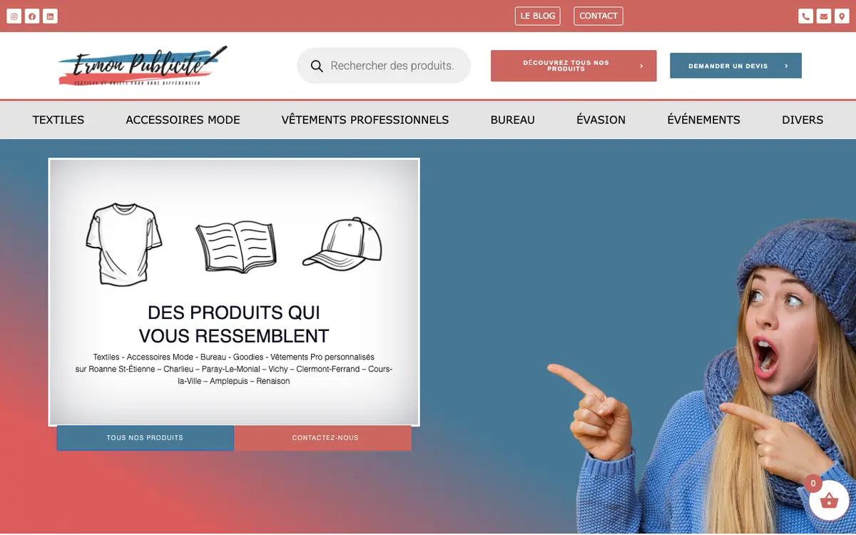 Hjemmesiden for Ermon Publicité - Fabricant et distributeur d'objets et textiles publicitaires