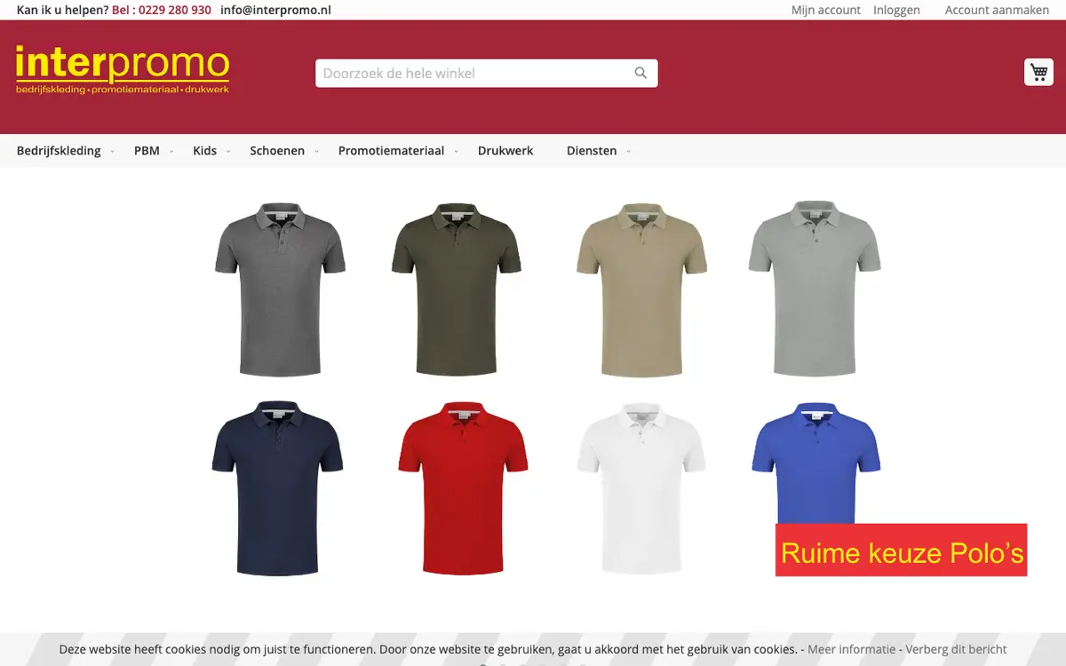De website van Interpromo Bedrijfskleding