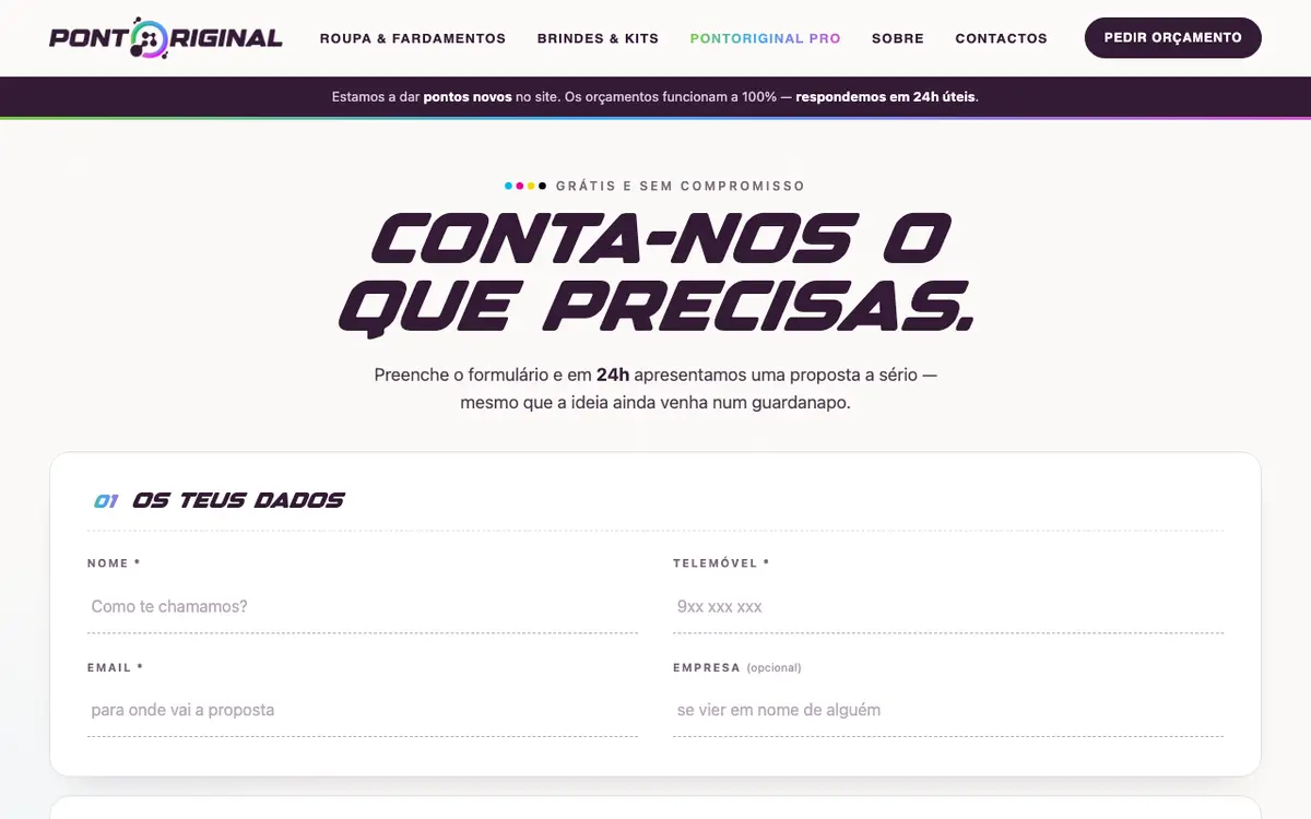 Hjemmesiden for PontOriginal: Bordados, Estampagem e Brindes Personalizados