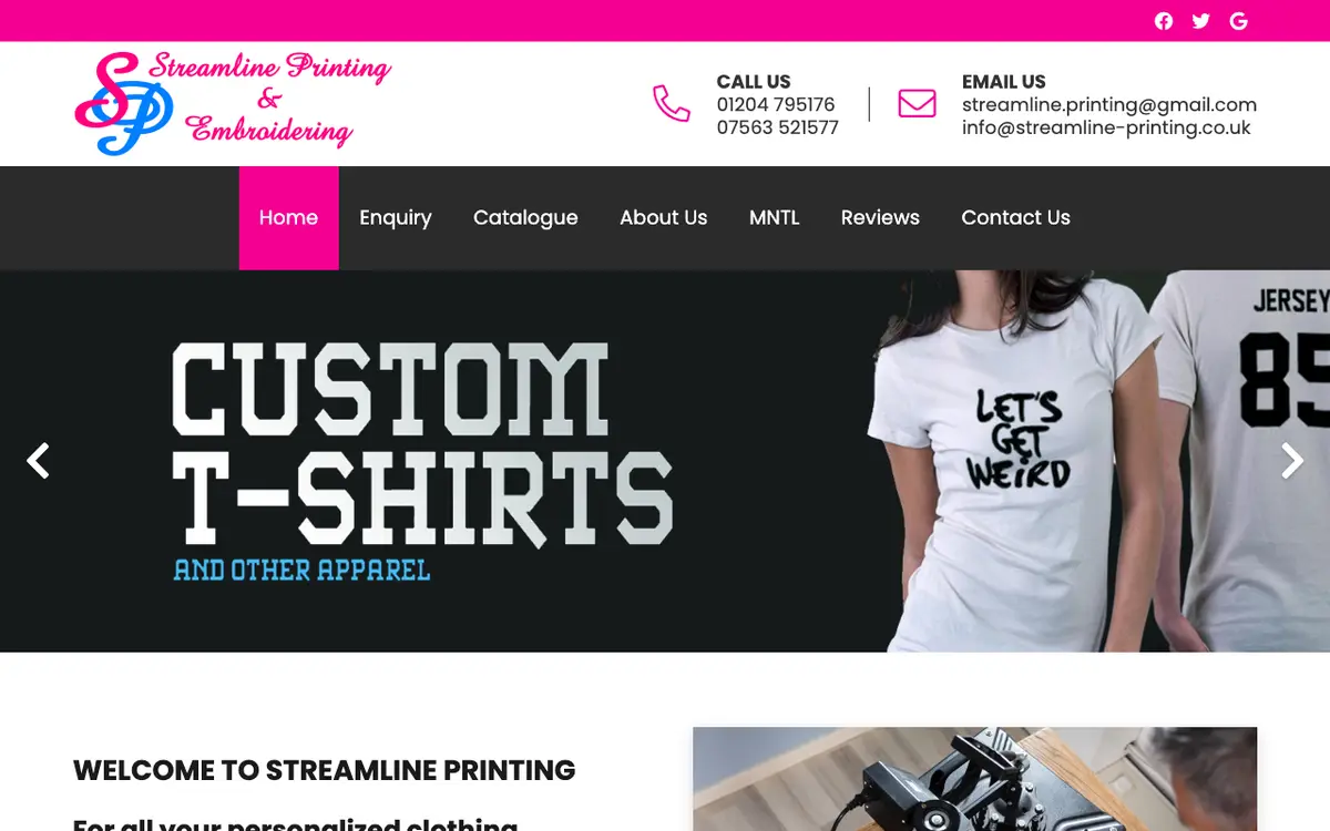 Streamline Printing & Embroidering's website