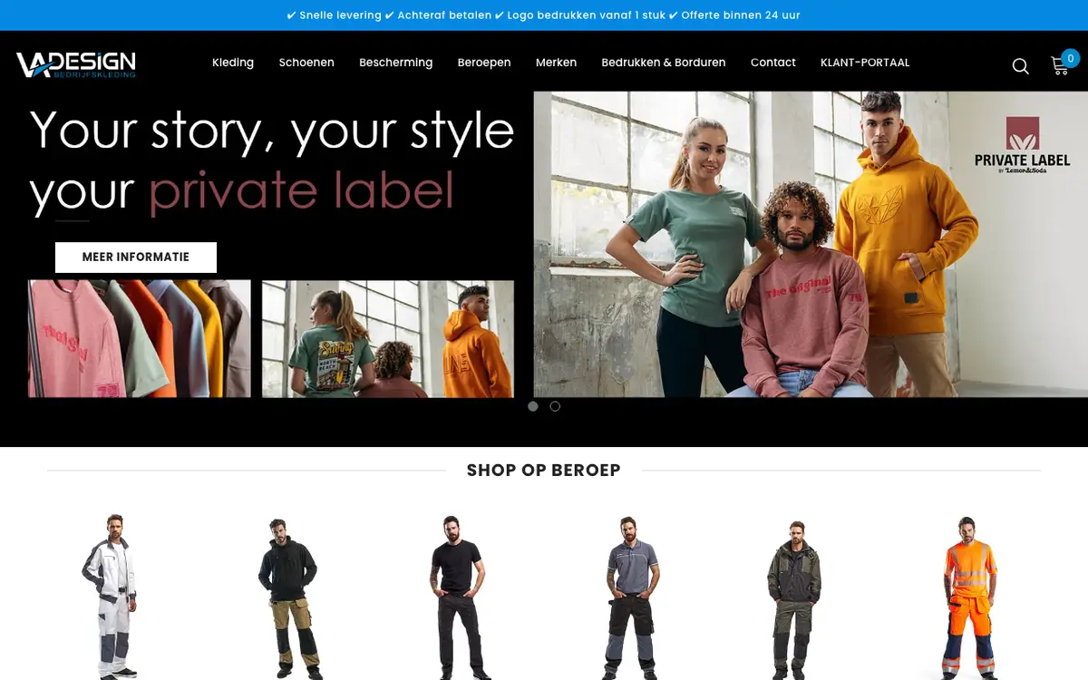 De website van VAdesign Bedrijfskleding
