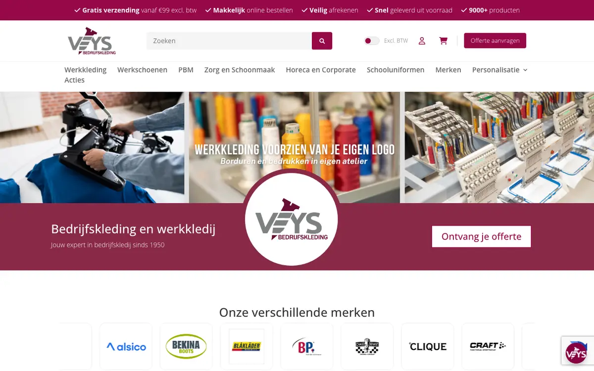 De website van Veys Bedrijfskleding