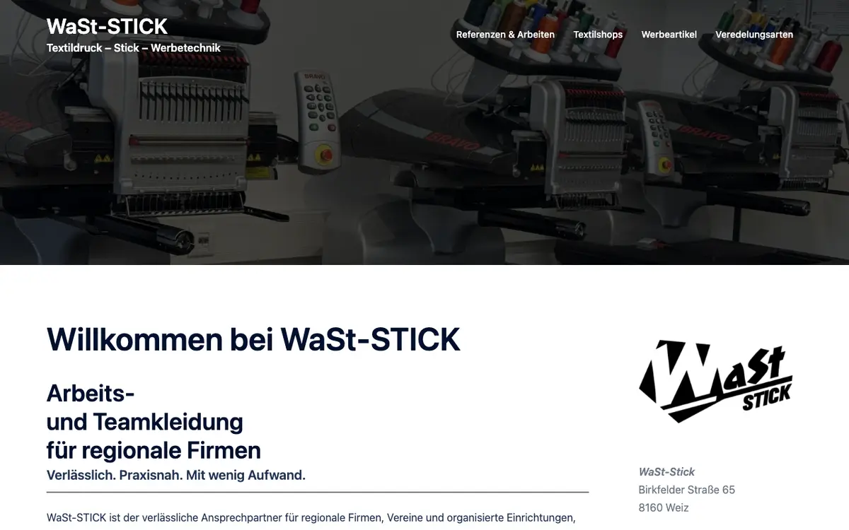 Webbplatsen för WaSt-STICK - Textildruck - Stick - Werbetechnik